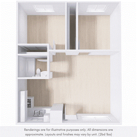Floor plan for 2 beds, 1 bath, 950 sqft